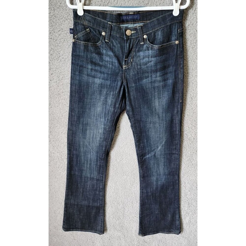 Rock & Republic Kasandra Bootcut Dark Blue Denim Jeans Rhinestone Pocket Size 8M